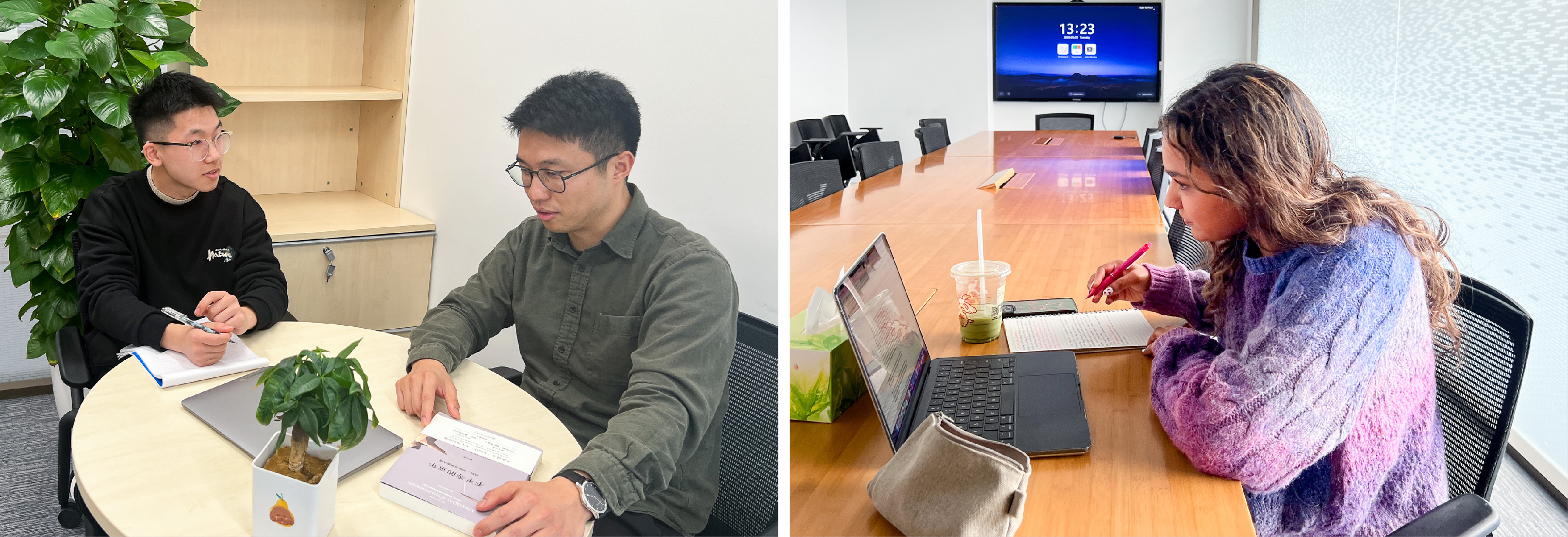 From left: student Ken Guo, professor Angran Li and student Shreya Jaisingh all sit at a table.