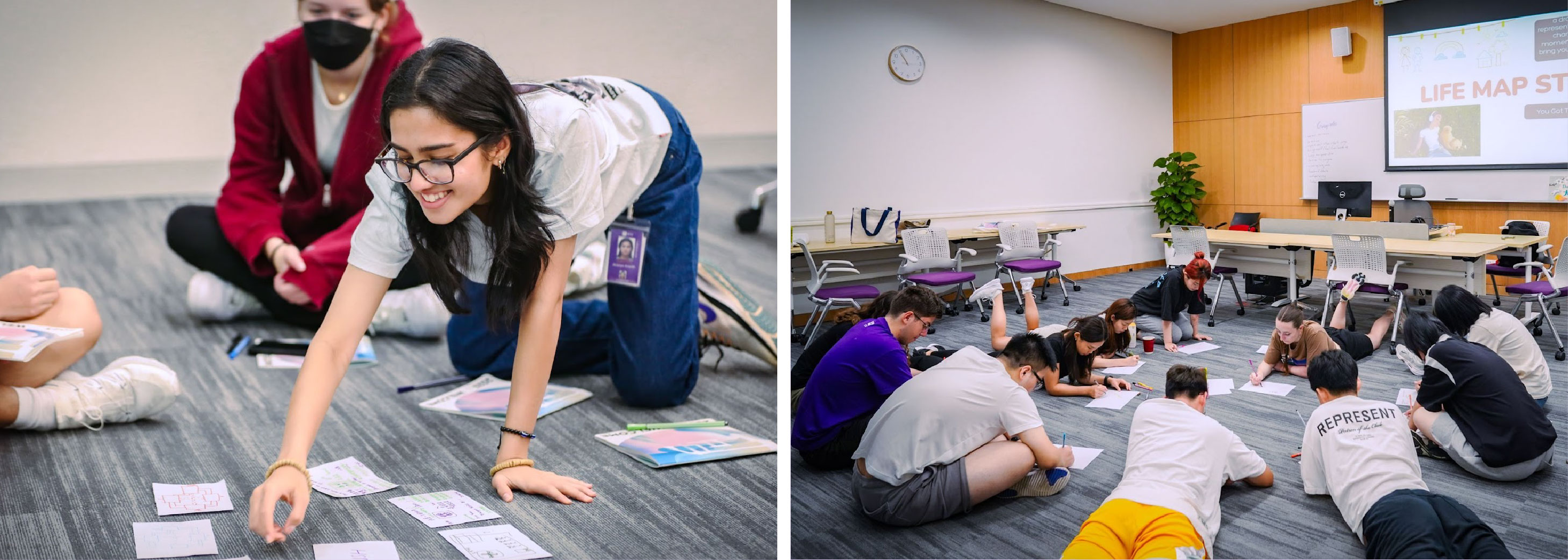 Students sit around on the ground in a circle as they take part in First Year Dialogue