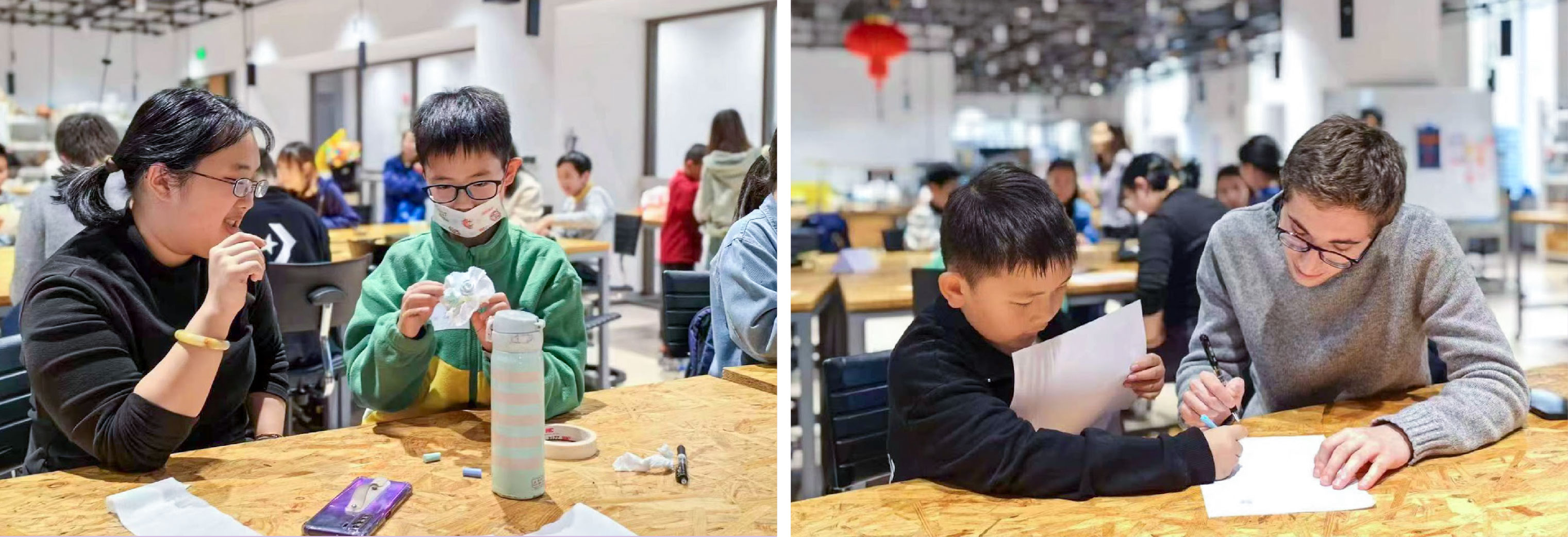 students and children making paper roses together, drawing together