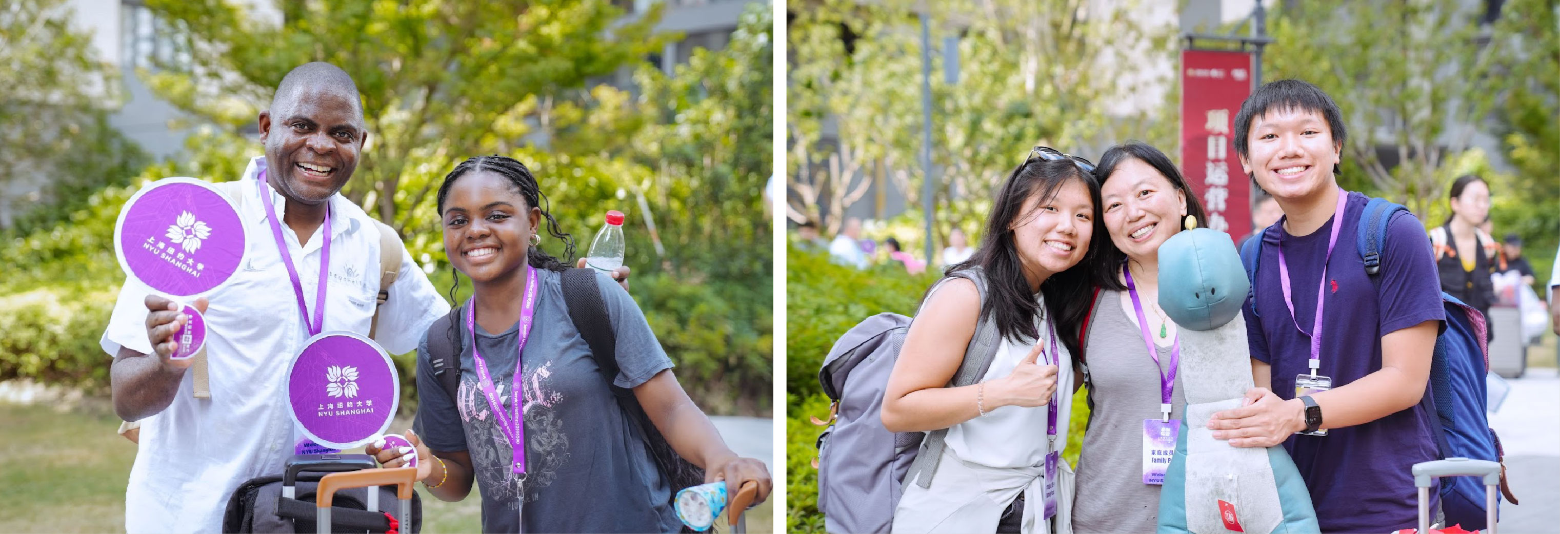 Left: Tiri Nhawu ’28 and her father traveled from South Africa to Shanghai for Move-In Day Right: Tristan Wang ’28 from the US and his mom and sister brought a dinosaur in Shanghai to decorate his dorm room