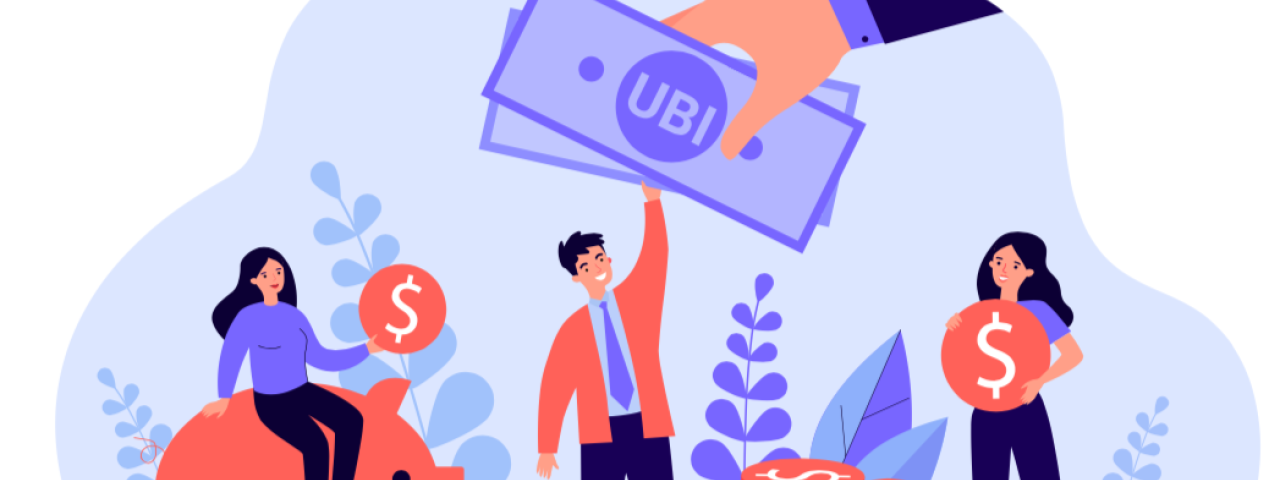 cartoon graphic of people reaching up to receive a dollar bill with "UBI" printed on it. 