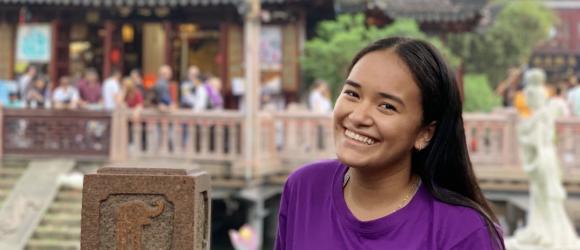 Ariana Wearing NYU Shanghai T-shirt in Yuyuan Gardens