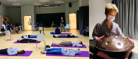 On the left, students participate in the Midweek Mindfulness Meditation. 