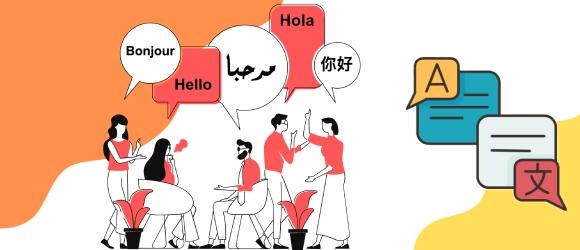 Cartoon people speaking to each other in different languages. 