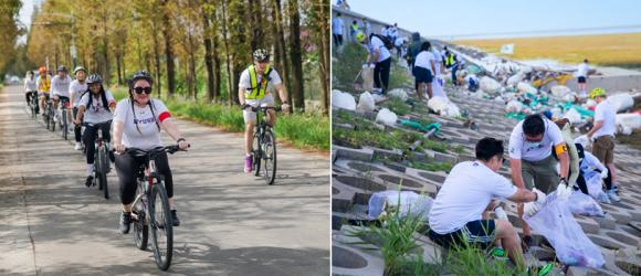 Biking in formation, cleaning up seawall at edge of marsh 