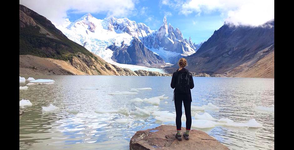 This photo was taken during a hiking trip in Patagonia in Argentina. My friends and I hiked all morning to see the glacier that's in the background of the photo, and the clouds cleared right when we arrived. It was a spectacular experience! - Elizabeth Leclaire (Buenos Aires)