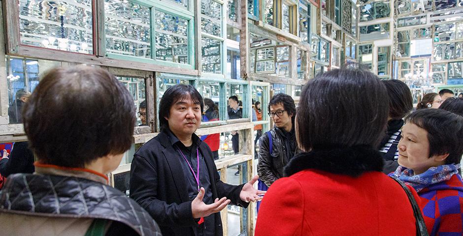 Chinese artist Song Dong's solo exhibition opening on March 11 at the NYU Shanghai Art Gallery featured a gridded installation of frames and mirrors, creating an intimate yet elliptical composite portrait.  (Photo by: NYU Shanghai)