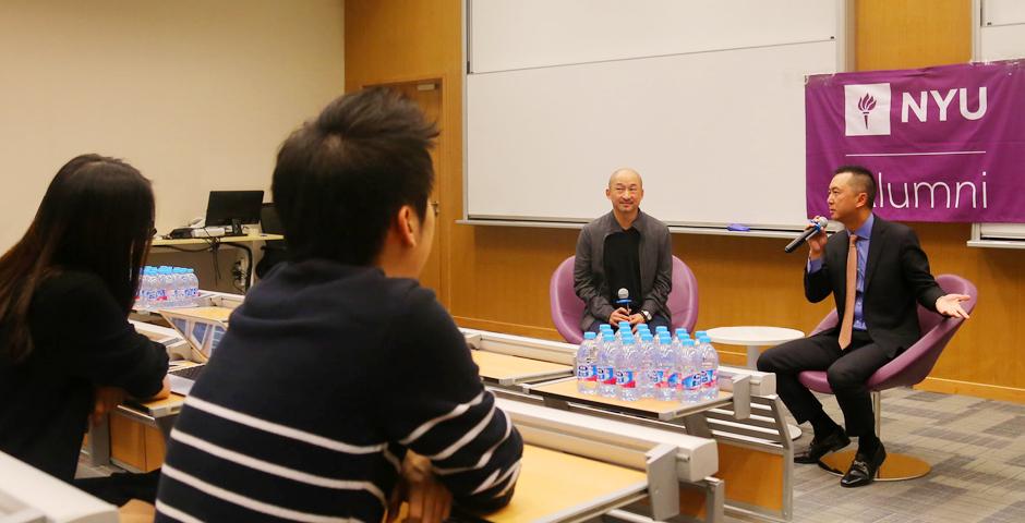 NYU Stern alumnus Walter Tong (MBA ’93, Undergraduate ’89) shares his career story and advice with NYU Shanghai students. Tong (right) is Greater China Managing Partner for Key Accounts at Ernst & Young. The session was moderated by fellow Stern alumnus Will Hsieh (MBA '00), Head of Regional F2P Publishing, Operations & Strategy at Electronic Arts Computer Software. (Photo by: NYU Shanghai)