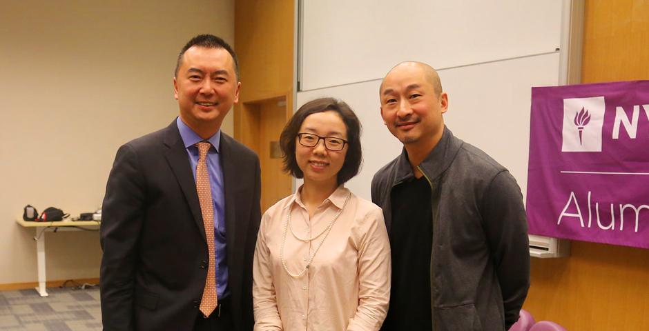 NYU Stern alumnus Walter Tong (MBA ’93, Undergraduate ’89) shares his career story and advice with NYU Shanghai students. Tong (right) is Greater China Managing Partner for Key Accounts at Ernst & Young. The session was moderated by fellow Stern alumnus Will Hsieh (MBA '00), Head of Regional F2P Publishing, Operations & Strategy at Electronic Arts Computer Software. (Photo by: NYU Shanghai)