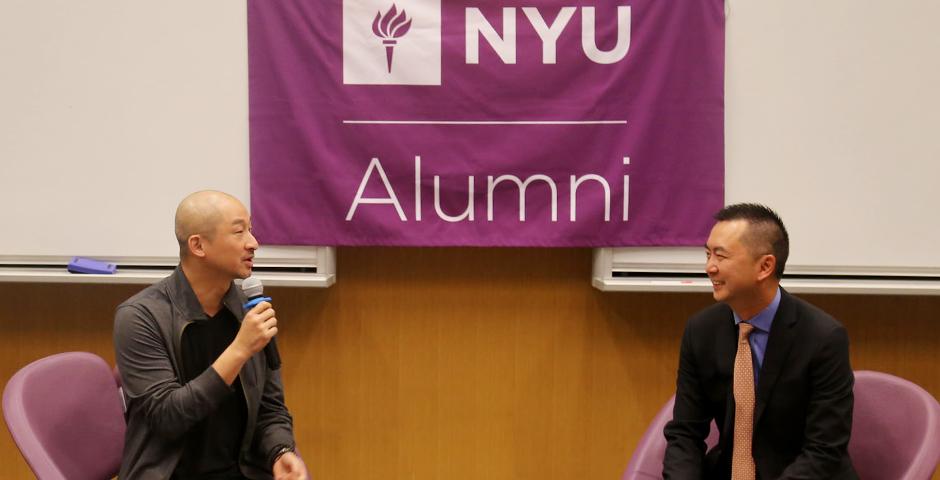 NYU Stern alumnus Walter Tong (MBA ’93, Undergraduate ’89) shares his career story and advice with NYU Shanghai students. Tong (right) is Greater China Managing Partner for Key Accounts at Ernst & Young. The session was moderated by fellow Stern alumnus Will Hsieh (MBA '00), Head of Regional F2P Publishing, Operations & Strategy at Electronic Arts Computer Software. (Photo by: NYU Shanghai)