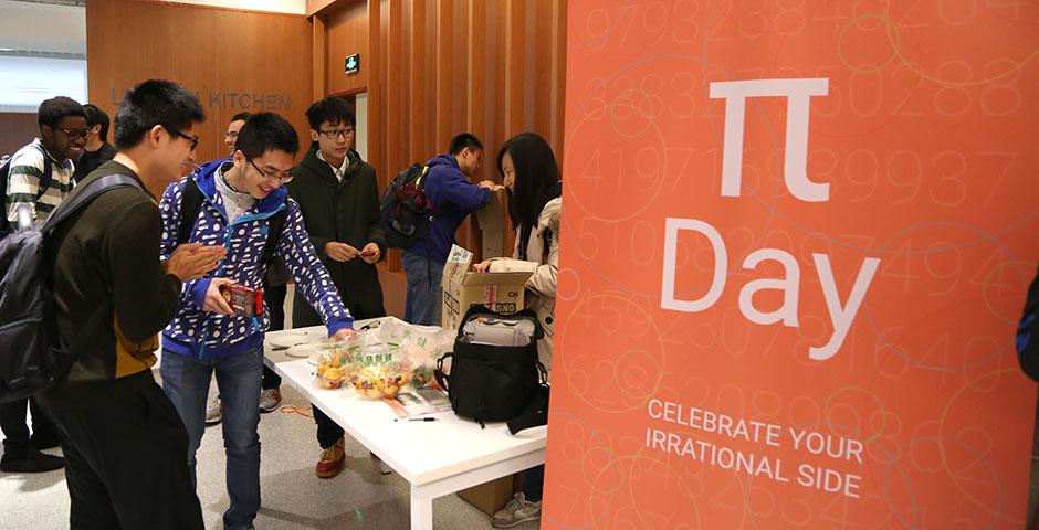 To celebrate Pi Day 2015, Math Society awarded slices of pie to students who could recite over 11 digits of pi. Congratulations to Omer Cohen (207 digits), Ziyuan Huang (100 digits), and Siyao Fang (83 digits), who placed first, second, and third, respectively. March 16, 2015. (Photo by Sunyi Wang)