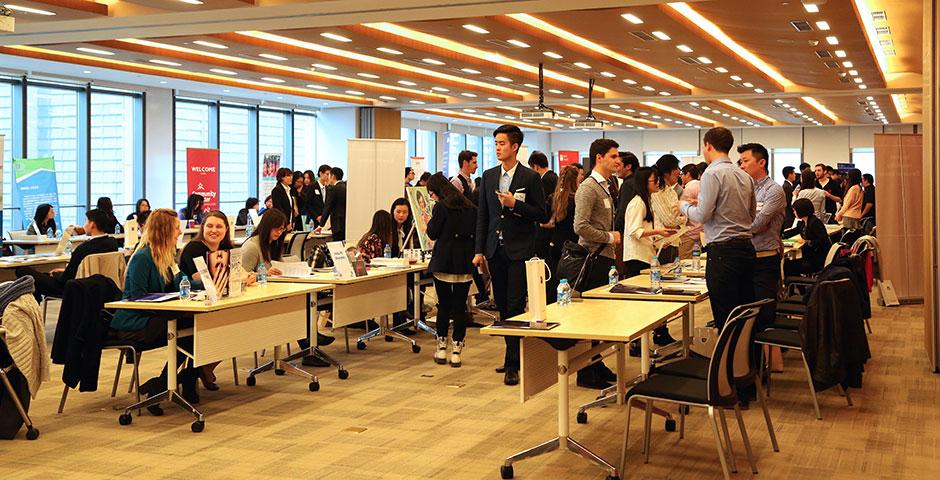 Dozens of organizations ranging from business, finance, arts, media, non-profit, technology, marketing, human resources, consulting, healthcare, and education stopped by NYU Shanghai for the 2015 Summer Internship Fair. March 27, 2015. (Photo by Angie Catalina Aguilar Oyuela)