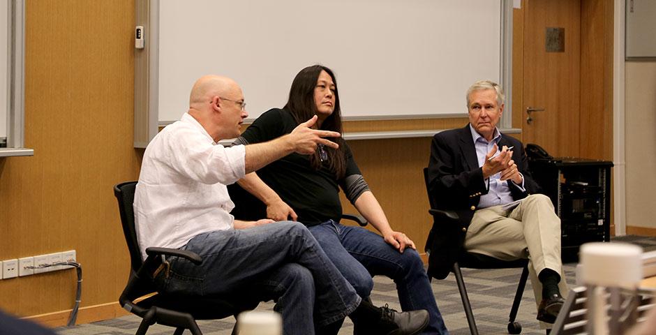 NYU Shanghai professor Clay Shirky, Baidu Director of International Communications Kaiser Kuo, and renowned journalist James Fallows sit down for a conversation about China's ever-evolving social media. April 21, 2015. (Photo by Annie Seaman)