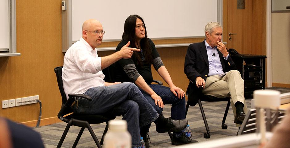 NYU Shanghai professor Clay Shirky, Baidu Director of International Communications Kaiser Kuo, and renowned journalist James Fallows sit down for a conversation about China's ever-evolving social media. April 21, 2015. (Photo by Annie Seaman)