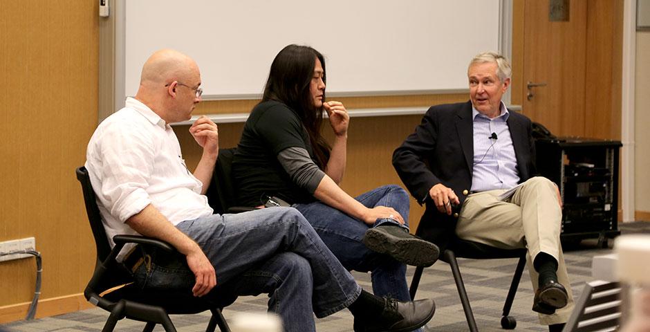 NYU Shanghai professor Clay Shirky, Baidu Director of International Communications Kaiser Kuo, and renowned journalist James Fallows sit down for a conversation about China's ever-evolving social media. April 21, 2015. (Photo by Annie Seaman)