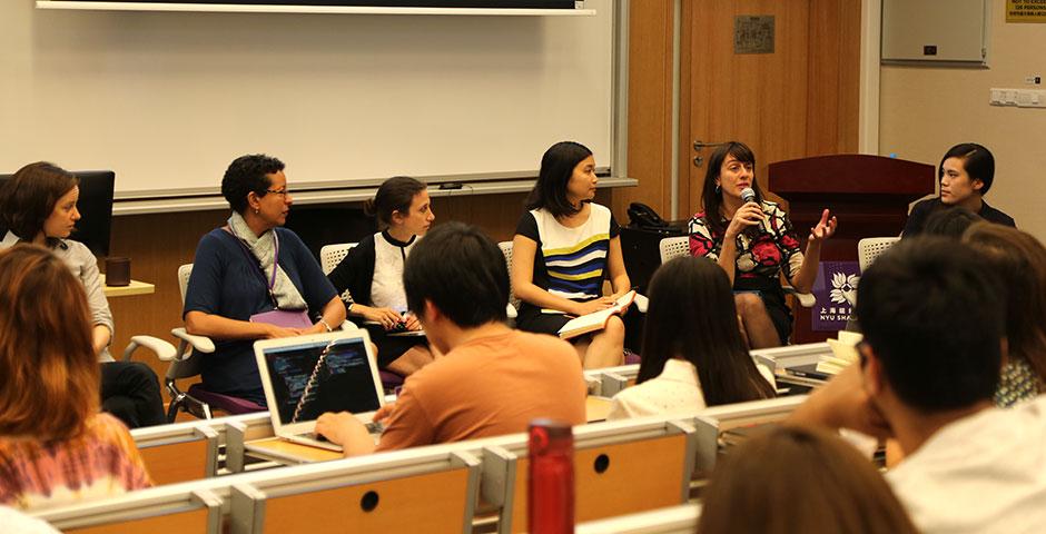 NYU Shanghai faculty gather for a forum discussion covering important academic topics such as major requirements, study away restrictions, e-books, and more. May 7, 2015. (Photo by Annie Seaman)