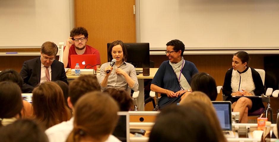 NYU Shanghai faculty gather for a forum discussion covering important academic topics such as major requirements, study away restrictions, e-books, and more. May 7, 2015. (Photo by Annie Seaman)