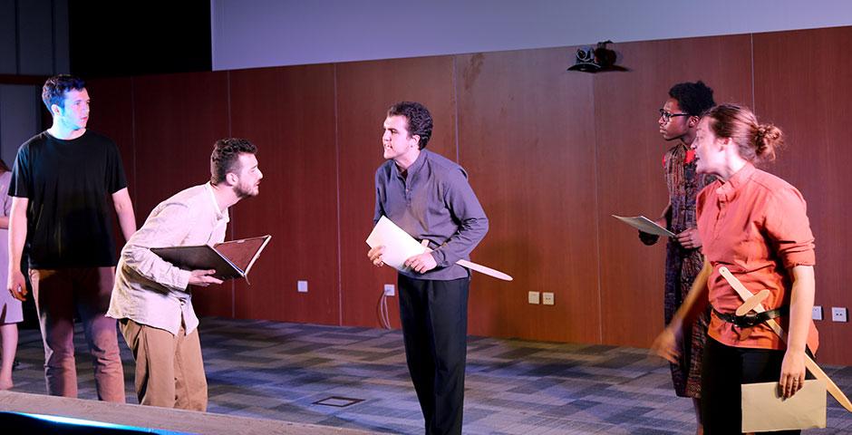 The Thespians perform 'Tempests,' an original production combining Shakespeare's 'The Tempest' and Aimé Césaire's 'Une Tempête.' April 26, 2015. (Photo by Annie Seaman)