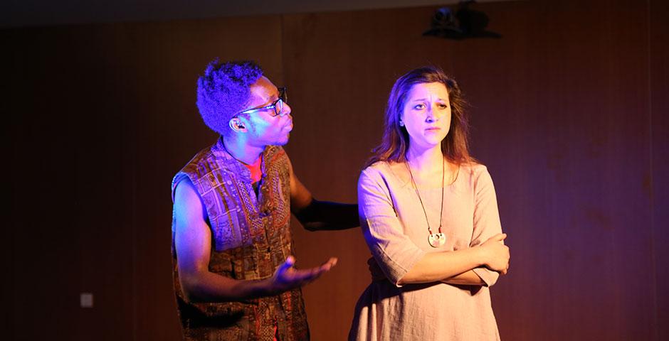 The Thespians perform 'Tempests,' an original production combining Shakespeare's 'The Tempest' and Aimé Césaire's 'Une Tempête.' April 26, 2015. (Photo by Annie Seaman)