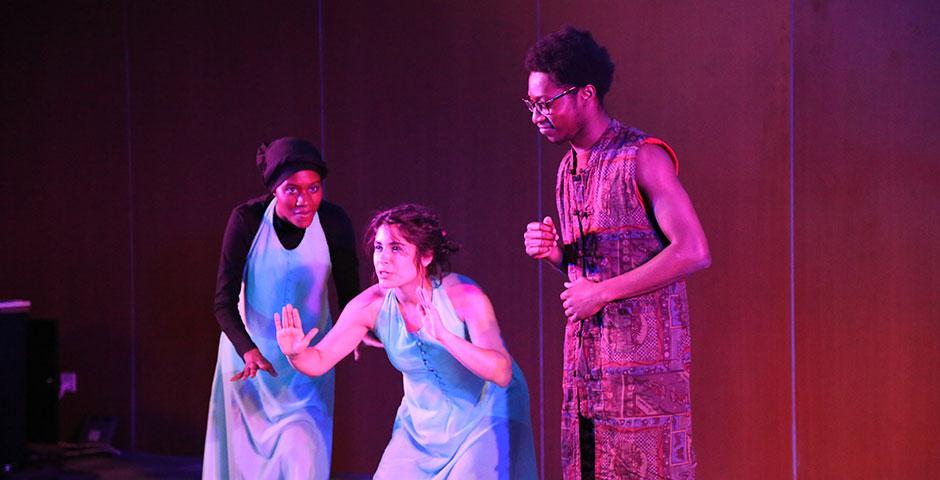 The Thespians perform 'Tempests,' an original production combining Shakespeare's 'The Tempest' and Aimé Césaire's 'Une Tempête.' April 26, 2015. (Photo by Annie Seaman)