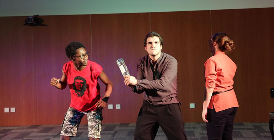 The Thespians perform 'Tempests,' an original production combining Shakespeare's 'The Tempest' and Aimé Césaire's 'Une Tempête.' April 26, 2015. (Photo by Annie Seaman)