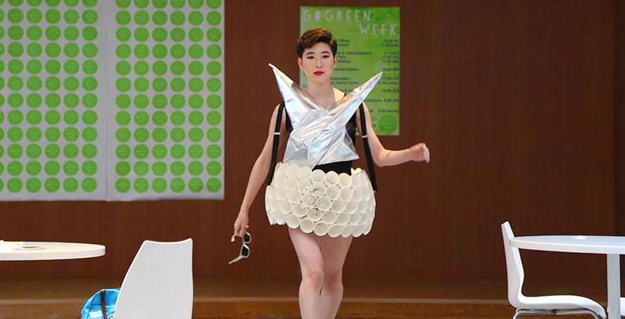 Students presented a clothing collection made with sustainable principles in mind at the “Trash Fashion Show” on April 11 as part of GoGreen Week. (Photo by: Mei Wu)