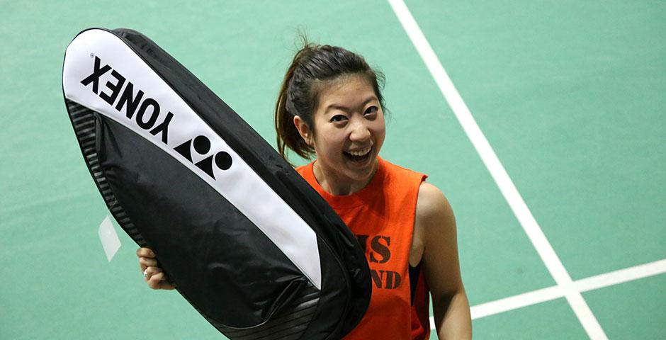 Students compete in the final round of the Intramural Badminton Tournament at Yuanshen Sports Centre Stadium. March 12, 2015. (Photo by Kevin Pham)