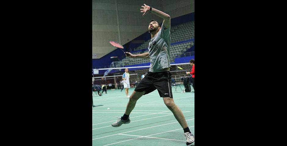 Students compete in the final round of the Intramural Badminton Tournament at Yuanshen Sports Centre Stadium. March 12, 2015. (Photo by Kevin Pham)