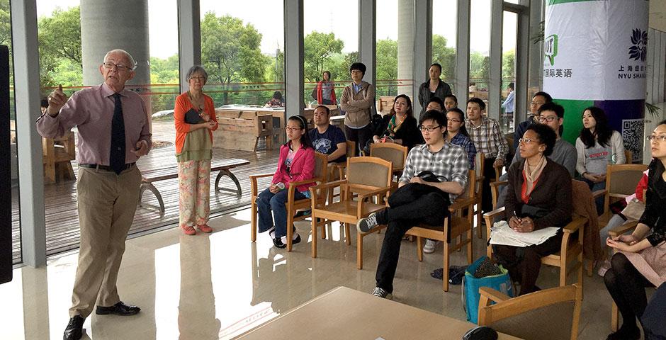 Dr. Ernest Gilman, visiting professor of English at NYU Shanghai, gives a speech on Shakespeare in China at Shanghai Pudong Library. May 9, 2015.