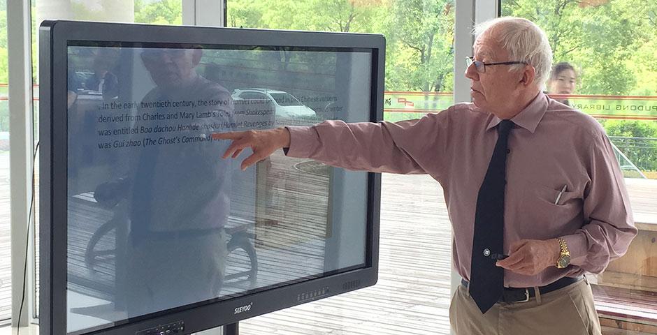 Dr. Ernest Gilman, visiting professor of English at NYU Shanghai, gives a speech on Shakespeare in China at Shanghai Pudong Library. May 9, 2015.