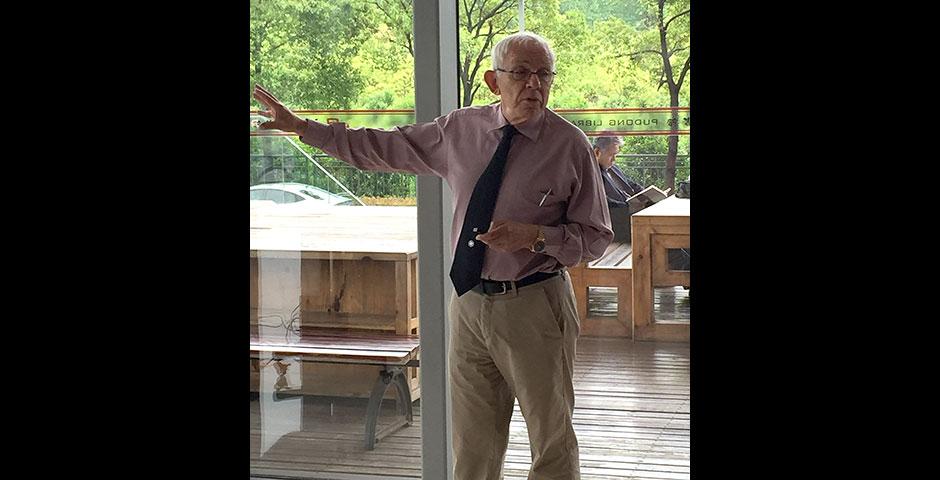 Dr. Ernest Gilman, visiting professor of English at NYU Shanghai, gives a speech on Shakespeare in China at Shanghai Pudong Library. May 9, 2015.