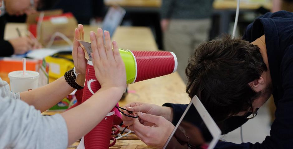 On March 10, IMA hosted a “Stupid Pet Trick” show, where students were challenged to create simple, physically interactive devices using basic skills learned in class. The crowds were entertained with everything from dancing dumplings to devices that detected hand sweat. (Photo by: NYU Shanghai)