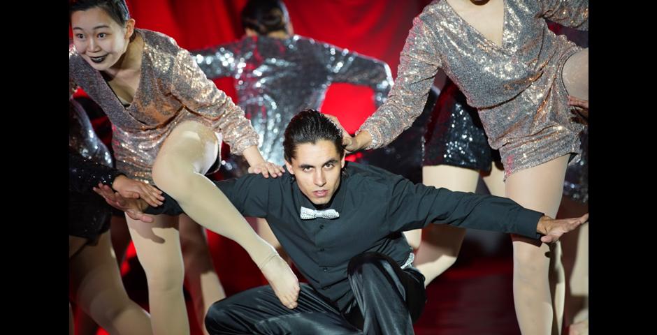 Joseph Hensersky ’20 stares down the camera lens in the West African and jazz performance, Gold.