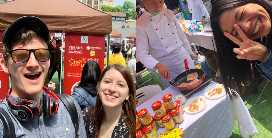 Students ventured off campus to check out Shanghai’s first ever vegetarian ‘MeatFest’ organized by non-profit advocacy brand Vegans of Shanghai, which showcased 100% plant-based meat alternatives--some which have been around China for over 1000 years. Left: Green Shanghai president Josh Jensen ’21 and Danielle Sanger ’19. Right: Cinny Lin ’22 poses in front of a food stall featuring vegetarian ham. Photo by Neil Patkar ’22.