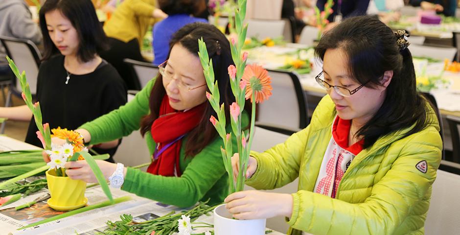 March 8, Women's Day was in full bloom with an afternoon of NYU Shanghai's special ladies getting creative with DIY flower arrangements for the office or home. Many thanks to HR for such a beautiful arrangement! (Photo by: NYU Shanghai)