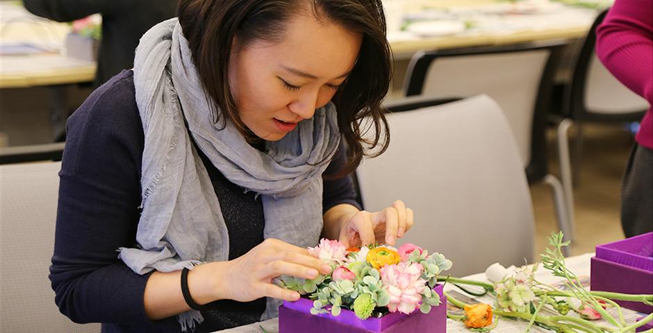 March 8, Women's Day was in full bloom with an afternoon of NYU Shanghai's special ladies getting creative with DIY flower arrangements for the office or home. Many thanks to HR for such a beautiful arrangement! (Photo by: NYU Shanghai)