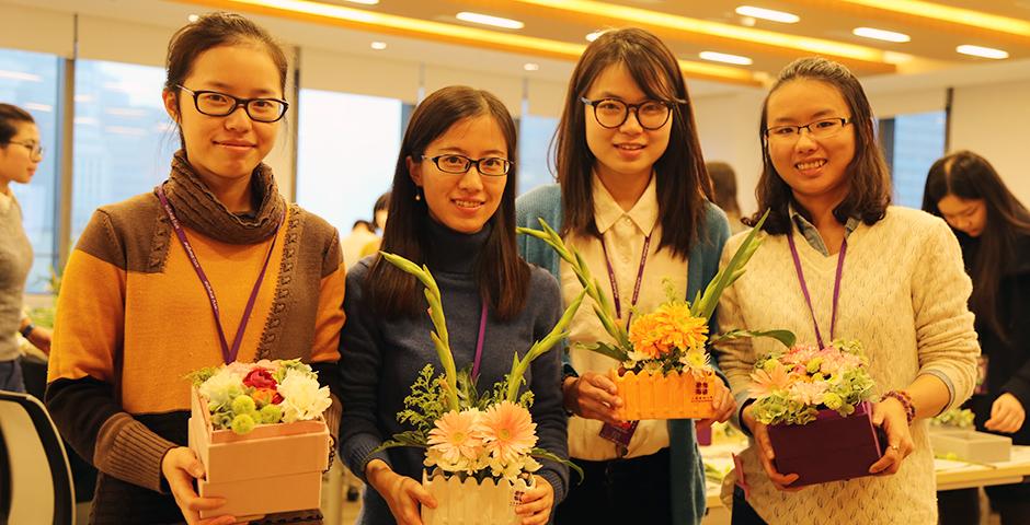 March 8, Women's Day was in full bloom with an afternoon of NYU Shanghai's special ladies getting creative with DIY flower arrangements for the office or home. Many thanks to HR for such a beautiful arrangement! (Photo by: NYU Shanghai)