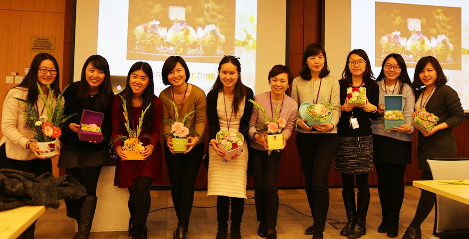 March 8, Women's Day was in full bloom with an afternoon of NYU Shanghai's special ladies getting creative with DIY flower arrangements for the office or home. Many thanks to HR for such a beautiful arrangement! (Photo by: NYU Shanghai)