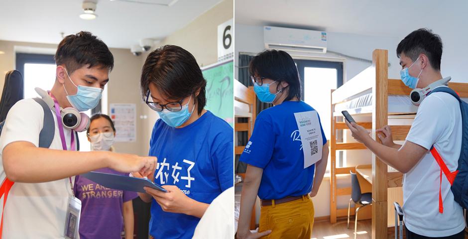 Zhu Taorun ’24 from Changchun, Jilin checks into his room with the help of a Resident Assistant (“RA”). RA’s are always coming up with creative ways to help students check-in.