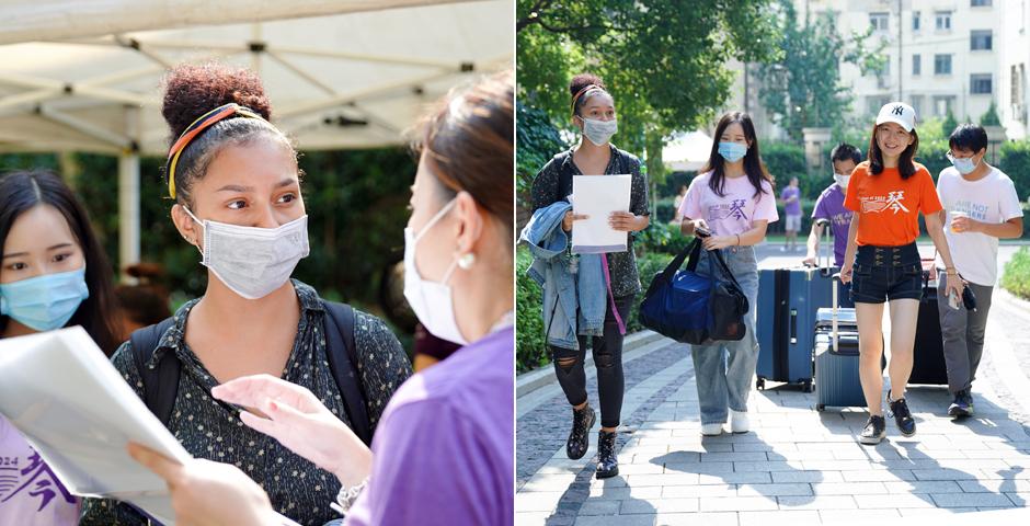 American student Teresa Angulo ’24, whose parents work in Wuxi, Jiangsu Province, has lived in China for 10 years. “I want to make friends with people from different countries,” she says. “I like that NYU Shanghai is diverse and dynamic.” Upper-class Orientation Ambassadors Gloria Guo '23 and Benice Feng '23 help Angulo with her luggage.