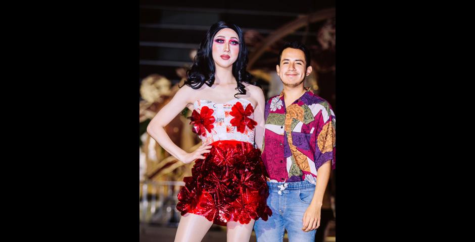 Salomon Ruiz ‘21 cut and braided compressed plastic bags and bubble wrap to create “Rouge Comme La Fleur,” modeled by Eric Shin ‘20. Both the skirt and flower decorations are made out of paper.