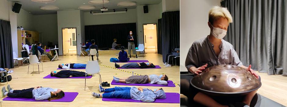 On the left, students participate in the Midweek Mindfulness Meditation. 